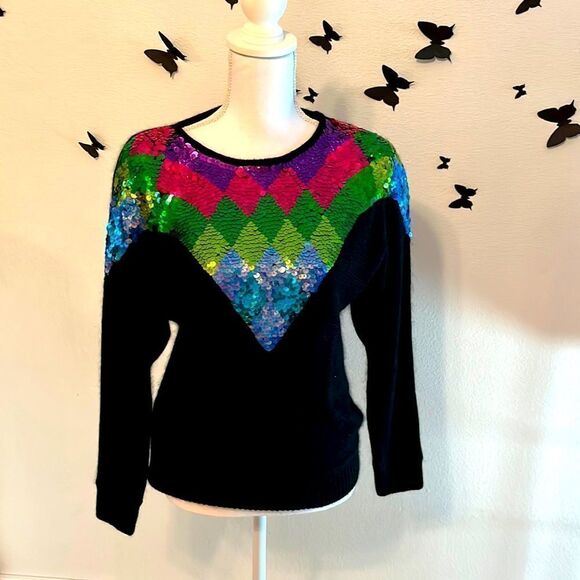 Vintage 90s Black Angora Blend Sequin Pullover Sweater Shoulder Pads Size S - Picture 1 of 14